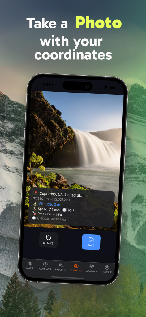 iPhone screen showing a waterfall photo with an overlay of GPS coordinates altitude and atmospheric pressure