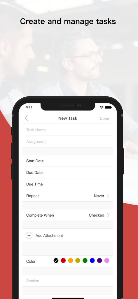 A mobile interface for creating and managing professional tasks within the Avaya Cloud Office app