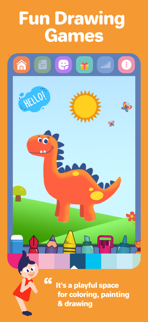 Drawing Desk:Learn to Draw App - Drawing Desk app interface for kids featuring a cartoon dinosaur coloring activity with colorful art tools.