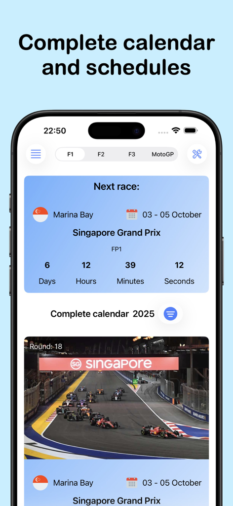 Formula Tracker - Formula Tracker app showing the Singapore Grand Prix schedule and countdown timer.