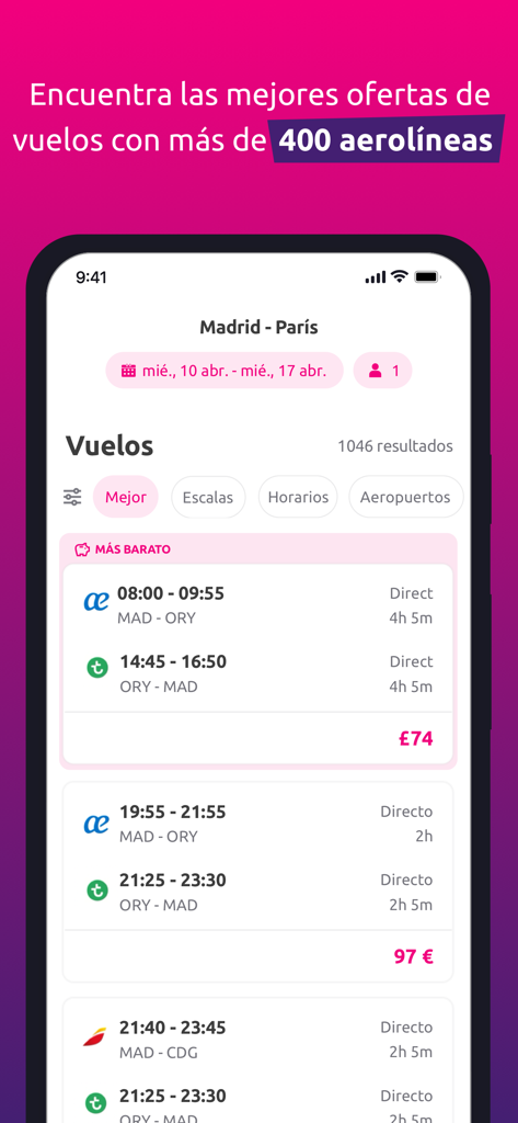 Rumbo mobile app interface showing cheap flight search results between Madrid and Paris