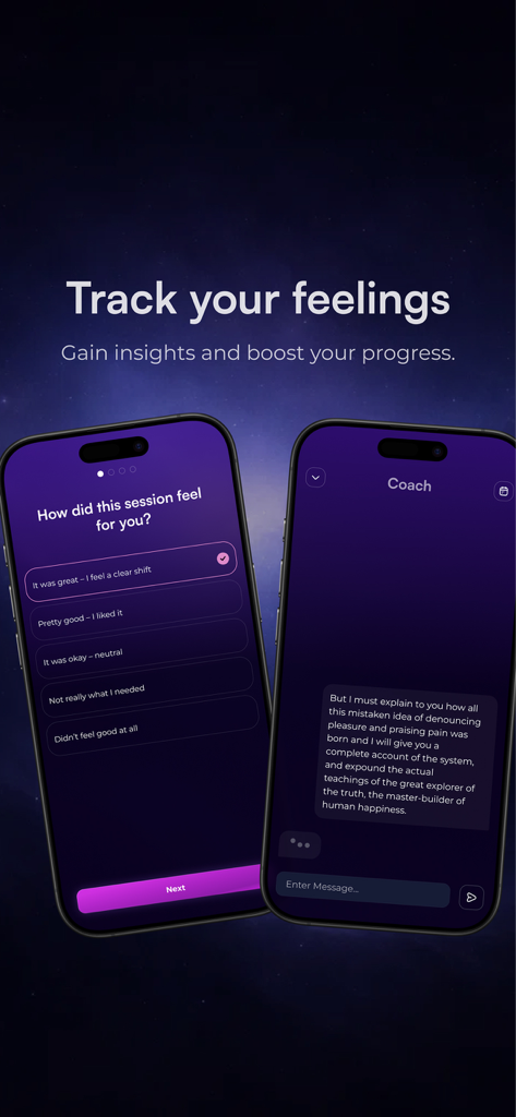 Oryn: Mindful Connection - Oryn app screenshots showing a session feedback survey and a coaching chat window.