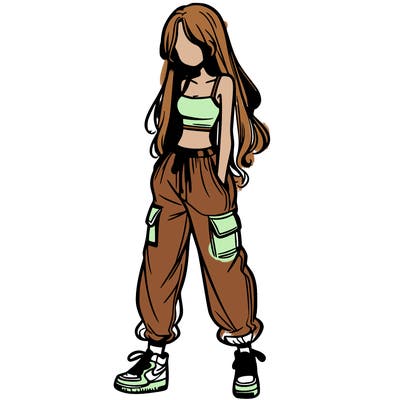 girl in baggy pants crop top and long hair