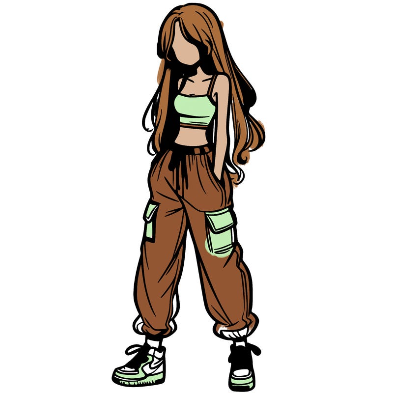 girl in baggy pants crop top and long hair
