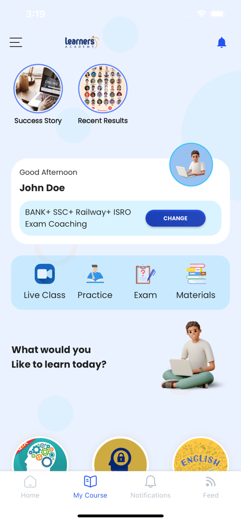 Learners Academy - Learners Academy app dashboard showing student profile and course options for live classes practice and exams