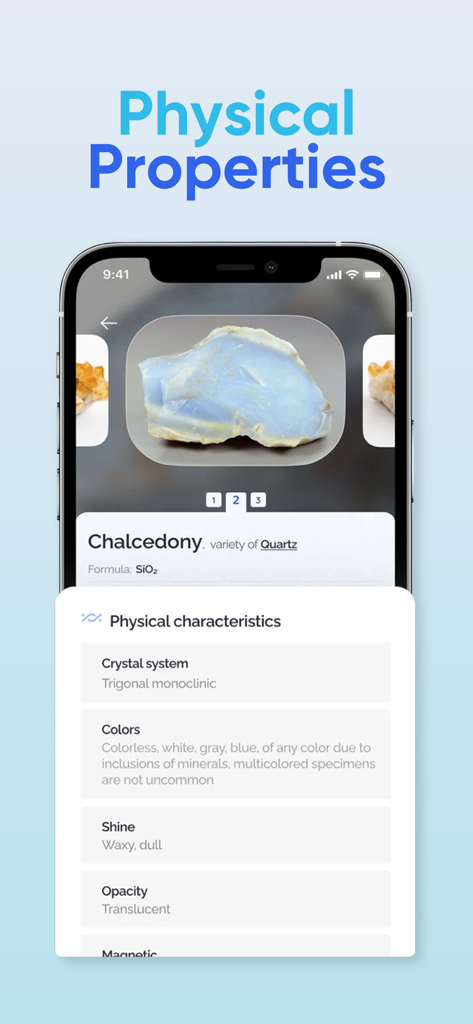 Rock Identifier: Id by Photo - Smartphone screen showing the physical characteristics and properties of a Chalcedony rock in the Rock Identifier app