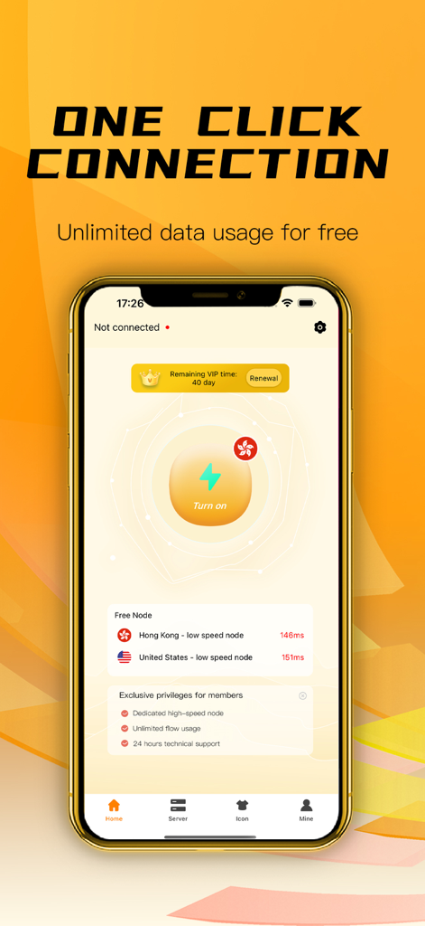 小牛加速器VPN-无限流量 保护隐私 高速网络 - XiaoNiu VPN app interface displaying the one-click connection screen with server options for Hong Kong and USA
