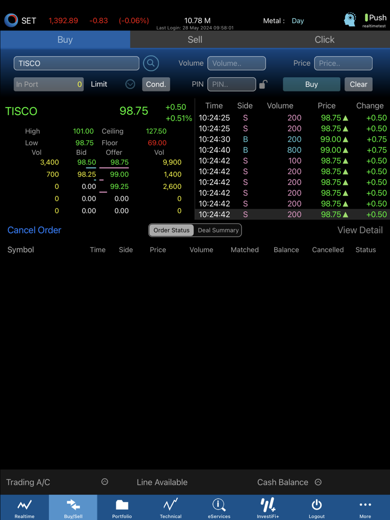 TISCO eTrade - TISCO eTrade iPad app interface showing real-time stock price data and order entry for the Thai Stock Exchange