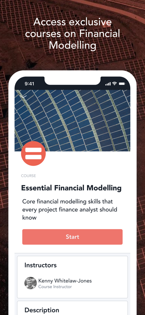 Smartphone screen showing the Essential Financial Modelling course in the Project Finance Institute app with solar panels in the background.