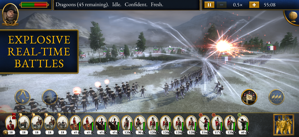 A large scale historical real time battle with infantry lines and explosions in Total War Napoleon