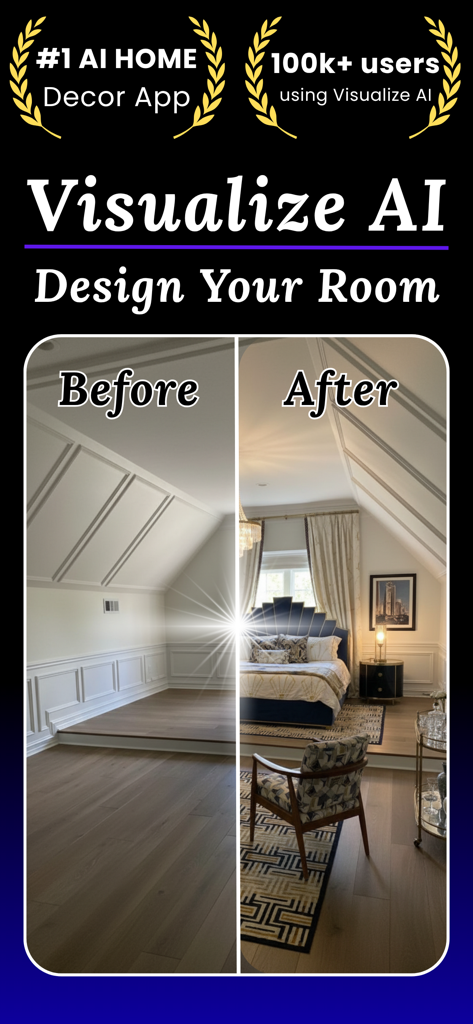 Visualize AI app showing a before and after comparison of an empty attic room transformed into a luxury bedroom.