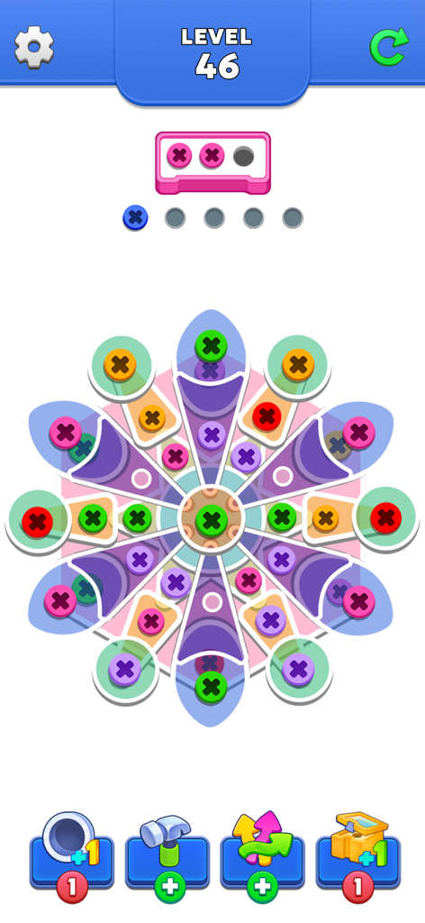 Gameplay screenshot of Unscrew Puzzle Pin Jam showing a colorful circular screw sorting puzzle on level 46.