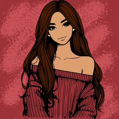 realistic girl with long hair wearing an off the shoulder sweater
