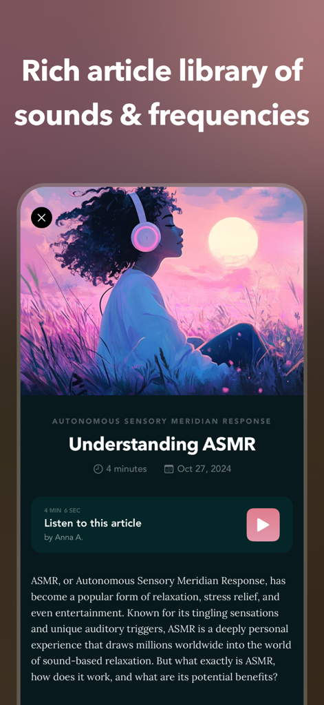 Artículo educativo sobre ASMR dentro de la biblioteca de la aplicación Soundscape.