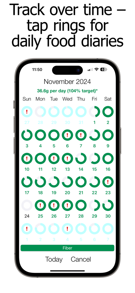 Fiber Counter and Tracker - Monthly calendar view showing daily fiber intake progress using activity rings