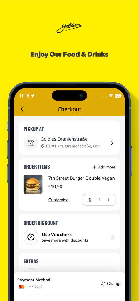 Schermata di checkout dell'app Goldies Smashburger che mostra gli articoli dell'ordine e i dettagli per il ritiro
