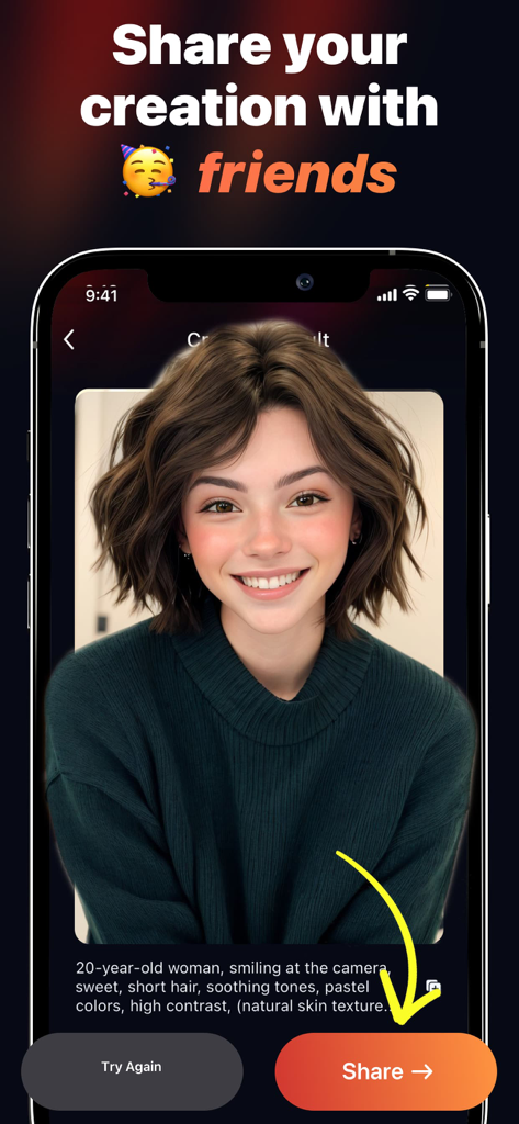 Una interfaz de aplicación móvil que muestra una imagen realista generada por IA de una mujer sonriente con un botón de compartir y texto de indicación