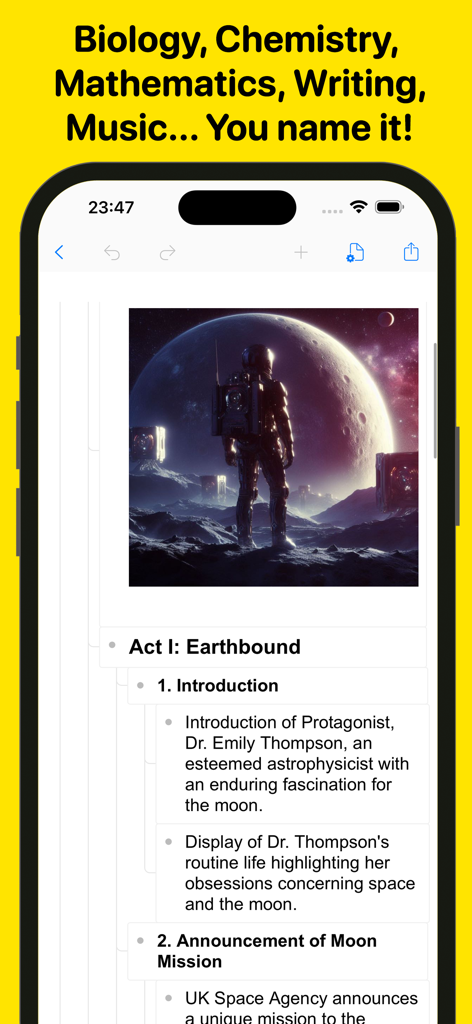 Ein Screenshot der Wordpad-App auf einem iPhone, der eine strukturierte Dokumentenübersicht und ein Bild eines Astronauten zeigt