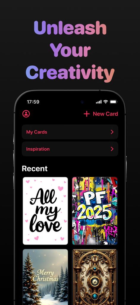 Wish Card Kit – Love Messages - Pantalla de inicio de la aplicación móvil Wish Card Kit mostrando varias tarjetas de felicitación generadas por IA y opciones de diseño