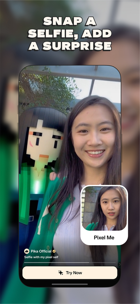 Pikaffects by Pika - 픽셀화된 AI 버전의 자신과 함께 셀카를 만드는 Pikaffects 앱을 사용하는 여성.