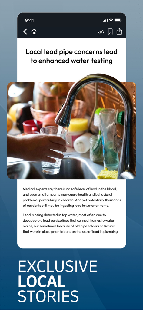 Journal Star - The Journal Star app showing an exclusive local news article about water testing on a smartphone.