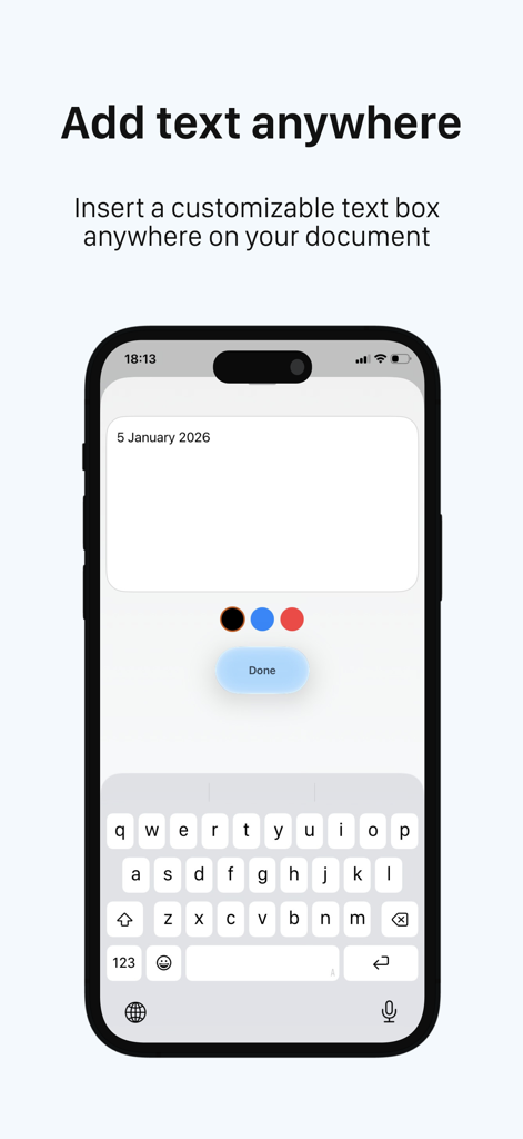 NoPen – Scan docs, Sign & Fill - iPhone screen displaying the NoPen app interface for inserting a customizable text box into a digital document