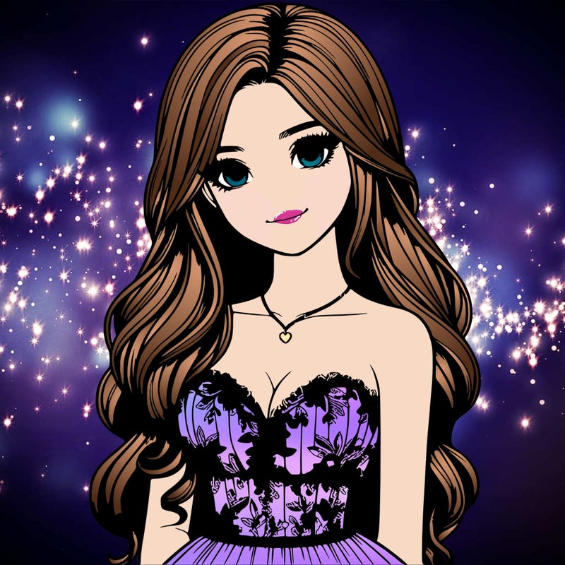 realistic girl with long hair and pretty prom dress