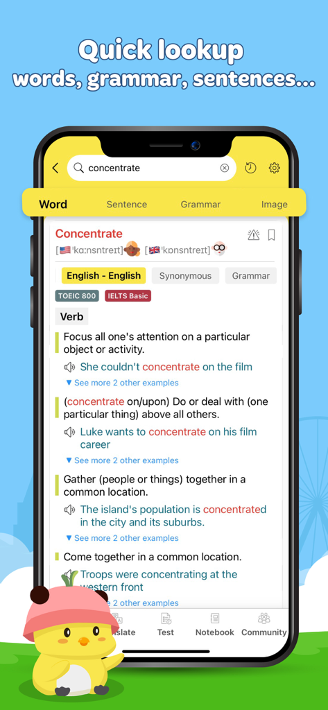 Interfaz de la app Diccionario de Inglés Dunno mostrando una búsqueda de la palabra 'concentrate' con definiciones y etiquetas de exámenes académicos