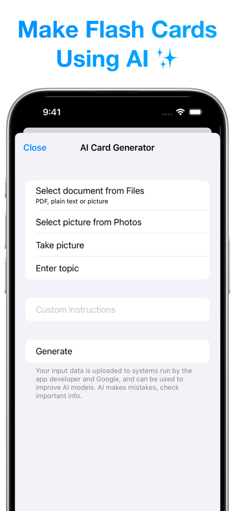 Amazing Flash Cards - ドキュメント、写真、または特定のトピックからフラッシュカードを作成するオプションを示すAIカードジェネレーターインターフェース。