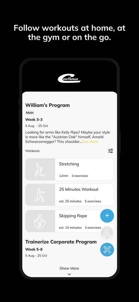 Courthouse Clubs - Interface of the Courthouse Clubs app displaying a personalized workout program with various exercises.
