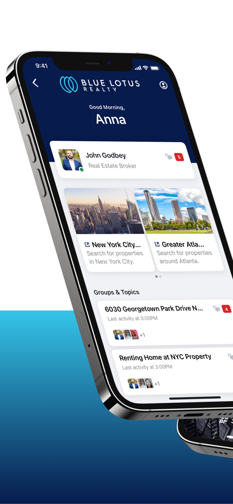 BLUE App - Blue Lotus Realty - Panel de la App BLUE de Blue Lotus Realty que muestra la interacción del agente y las opciones de búsqueda de propiedades para la ciudad de Nueva York.