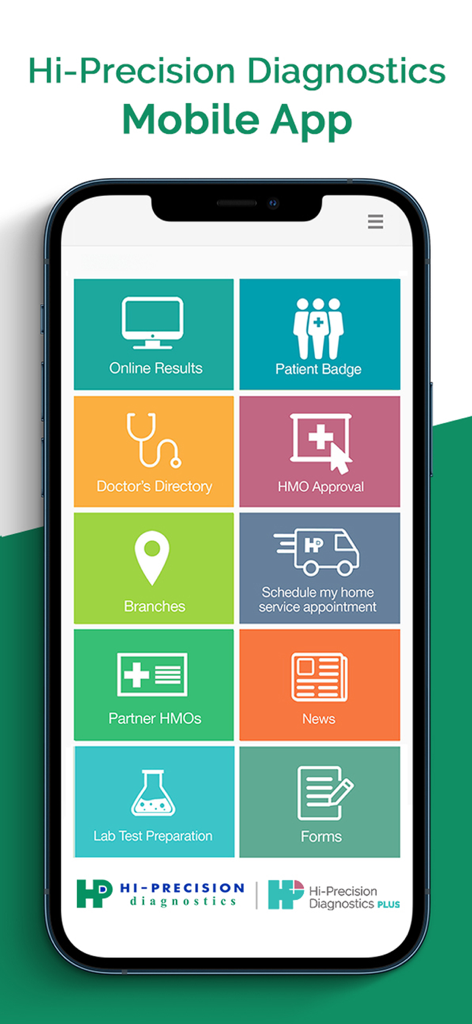 Hi-Precision - Main dashboard of the Hi-Precision Diagnostics mobile app showing medical services menu