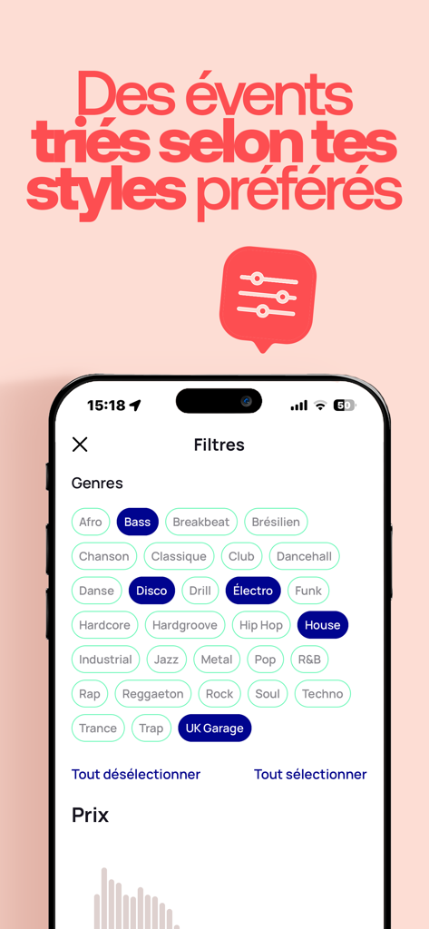durevie: agenda sorties & news - Interfaz de la aplicación Durevie que muestra una variedad de filtros de géneros musicales como House Disco y Electro para el descubrimiento de eventos
