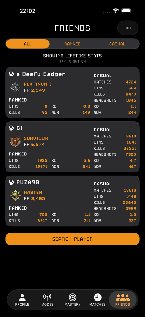 Friends list in the Stats Tracker for PUBG app showing player ranks and lifetime statistics comparison.