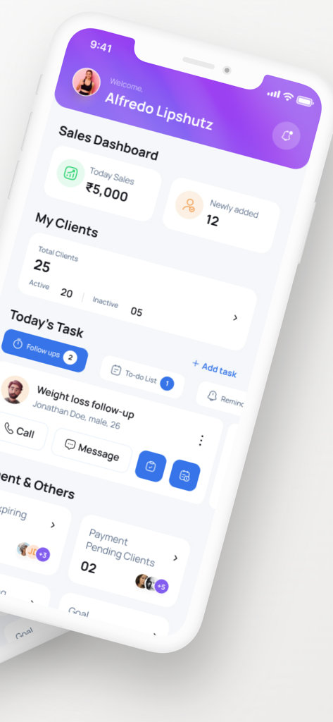 NutriSwift app dashboard for dietitians displaying client management tasks and business sales metrics