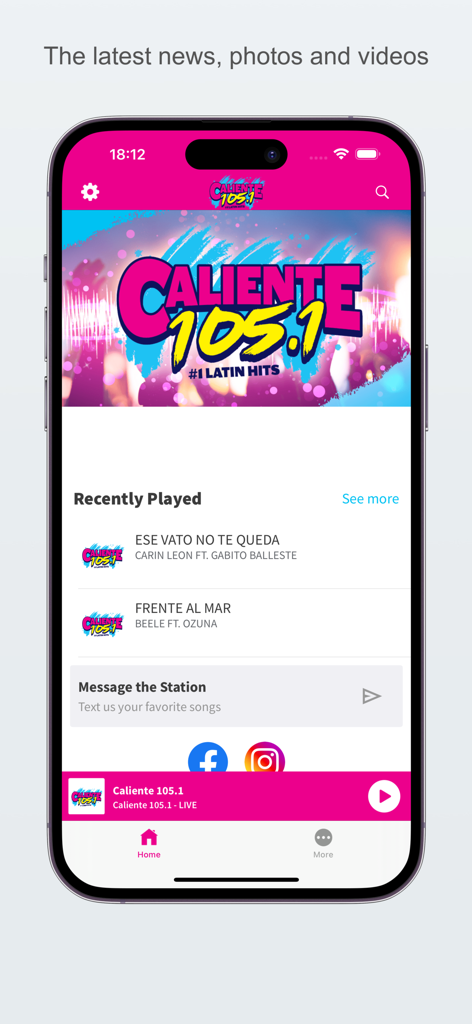 Caliente 105.1 - Tela inicial do aplicativo móvel Caliente 105.1 mostrando sucessos latinos tocados recentemente e player de rádio ao vivo