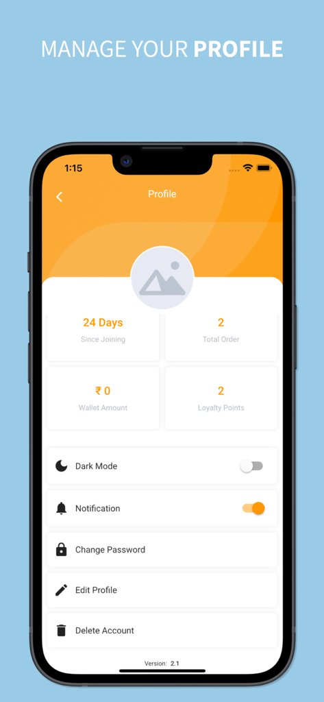 ZipGripGo mobile app profile screen showing user statistics like order count loyalty points and account settings