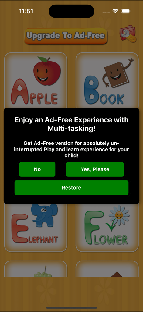 An in-app purchase prompt for an ad-free experience within the Kids Picture Dictionary educational app.