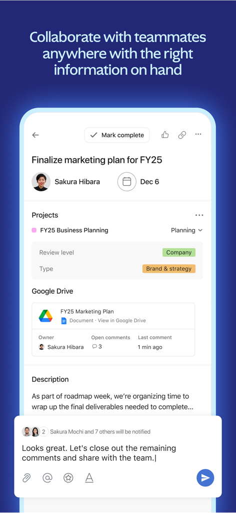 Asana: Work Management - Interface de l'application Asana affichant une tâche de projet avec la collaboration des membres de l'équipe et l'intégration de fichiers