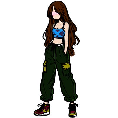 girl in baggy pants crop top and long hair