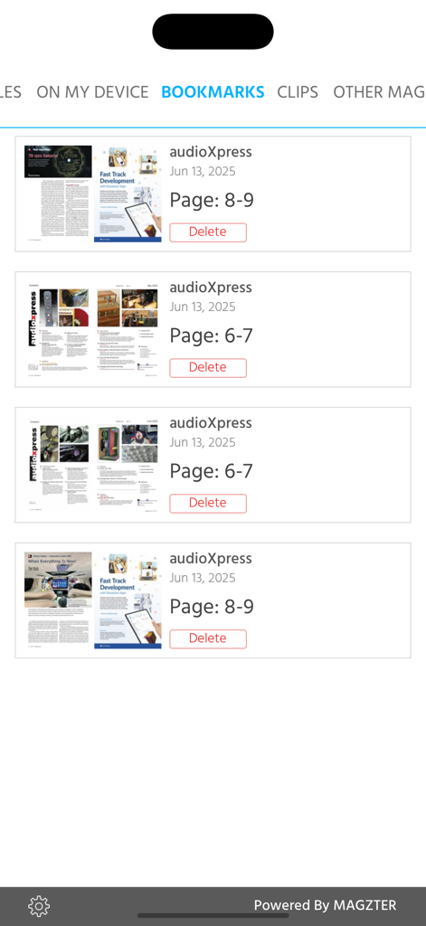 audioXpress 앱의 북마크 탭으로, 저장된 기술 잡지 페이지 및 기사 목록을 보여줍니다.