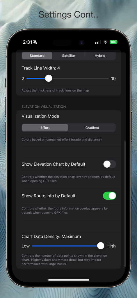 Geo Tracker: GPS Tracking - Geo Tracker App-Einstellungen zur Anpassung der Linienbreite der Strecke und der Höhenvisualisierungsmodi