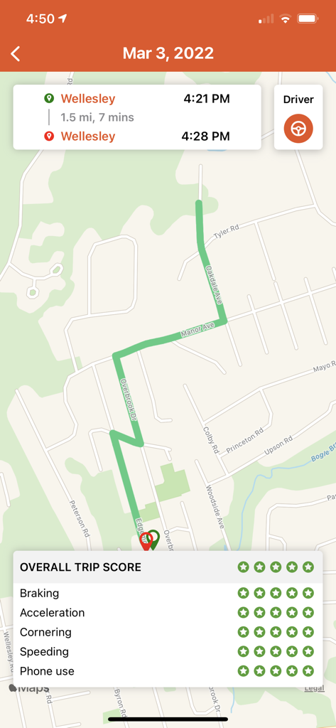 Marmalade Insurance - Marmalade Insurance app screen displaying a completed trip map and a five-star driving score summary