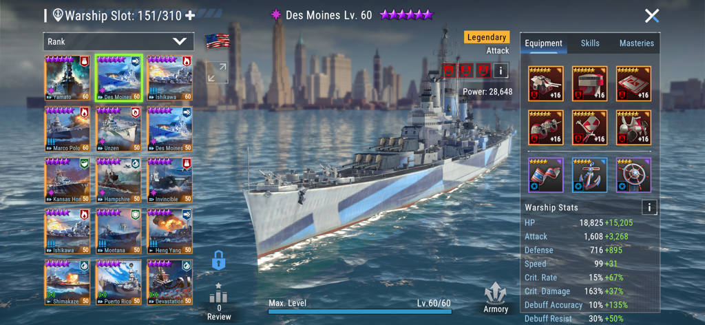 Armada: Warships Legends - Armada Warships Legends game screen showing the Des Moines legendary warship customization with equipment upgrades and stats