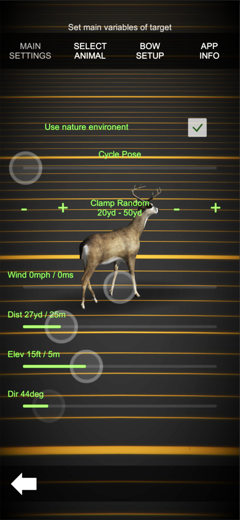 Technical settings interface in Bow Hunt Simulator showing wind distance and elevation sliders for a deer target