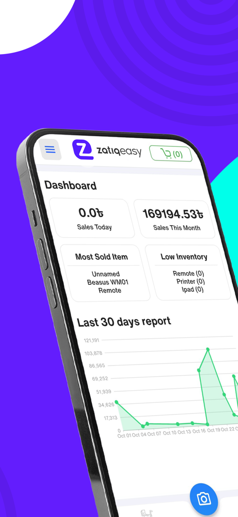 Zatiq Easy - eCommerce Builder - Mobile dashboard of Zatiq Easy app showing sales statistics inventory alerts and a 30 day performance graph