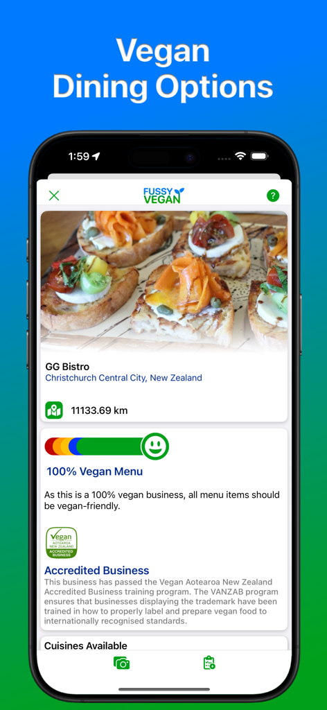 Fussy Vegan Pro App-Bildschirm, der eine zertifizierte vegane Restaurantliste mit einer 100-prozentigen veganen Menübewertung zeigt