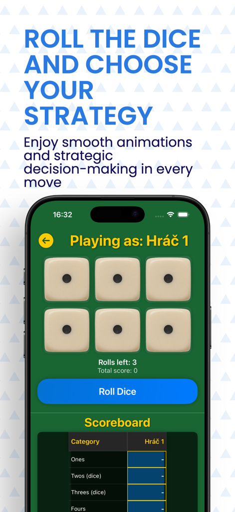 Kamerun: The Dice Yatzy Game - Kamerunのゲームプレイ画面、6つのサイコロと緑色の背景に詳細なデジタルスコアボードが表示されている