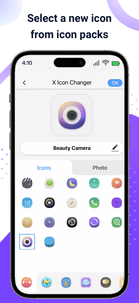 Interfaz de la aplicación X Icon Changer mostrando varios paquetes de iconos personalizables para aplicaciones de iPhone