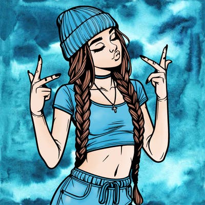 realistic teenage girl with braids and a beanie and crop top doing 🫶🏼